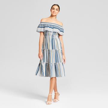Women's Striped Off The Shoulder Tiered Maxi Dress - Needlework White