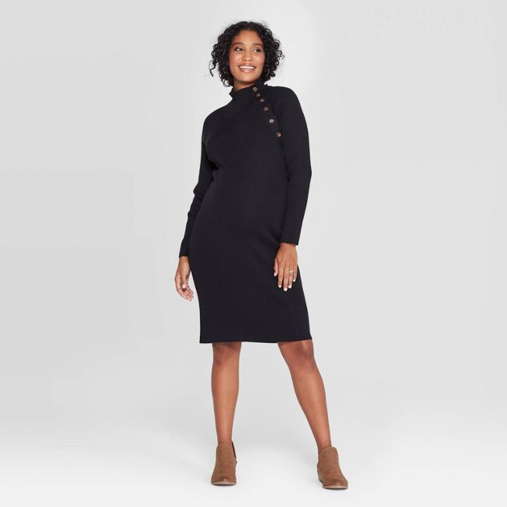 Maternity Long Sleeve Ribbed Sweater Dress - Isabel Maternity By Ingrid & Isabel Black