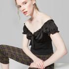 Women's Short Sleeve Off The Shoulder Tie Front Crop Top - Wild Fable Black