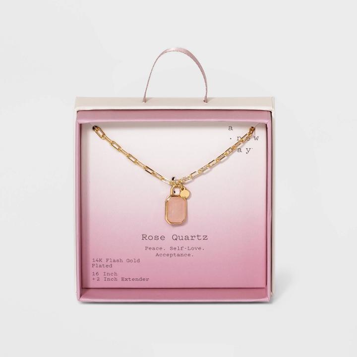Silver Plated Gold Dipped Paperclip Chain And Semi-precious Stone 18 Pendant Necklace - A New Day Rose Quartz