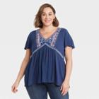 Women's Plus Size Short Sleeve Embroidered Knit Top - Knox Rose Navy