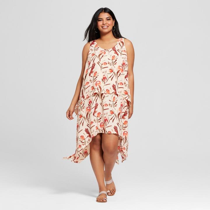 Women's Plus Size Floral Print Midi Shift Sundress- Ava & Viv Peach X, Orange