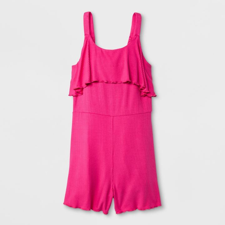 Girls' Flounce Top Lettuce Edge Romper - Art Class Magenta
