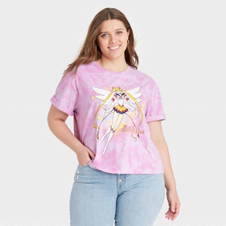 Women's Sailor Moon Plus Size Short Sleeve Cropped Graphic T-shirt - Pink