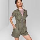 Women's Short Sleeve Zip Front Woven Romper - Wild Fable Olive