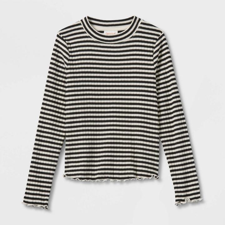 Girls' Long Sleeve Rib T-shirt - Cat & Jack Black/cream