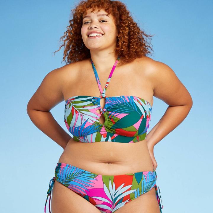 Juniors' Plus Size Lace-up Halter Longline Bandeau Bikini Top - Xhilaration Multi Tropical Print