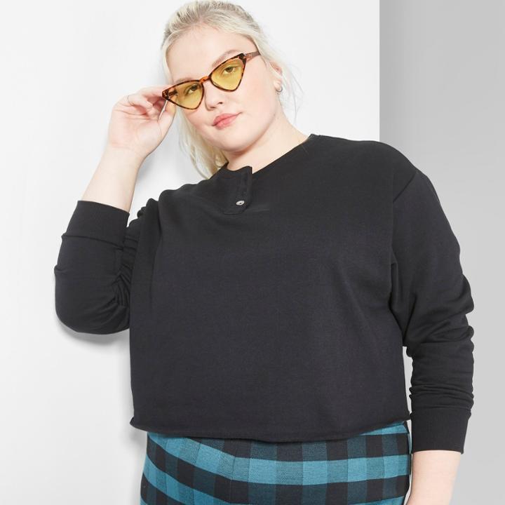 Women's Plus Size Scoop Neck Boxy Fleece Henley - Wild Fable Black