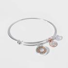 No Brand Silver Plated Adjustable Bangle With Flash Rose Flower Shaker Charm Bracelet - Silver Gray, Women's, Size: Small, Pink