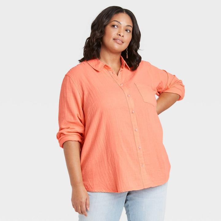 Women's Plus Size Long Sleeve Gauze Button-down Shirt - Universal Thread Moxie Peach