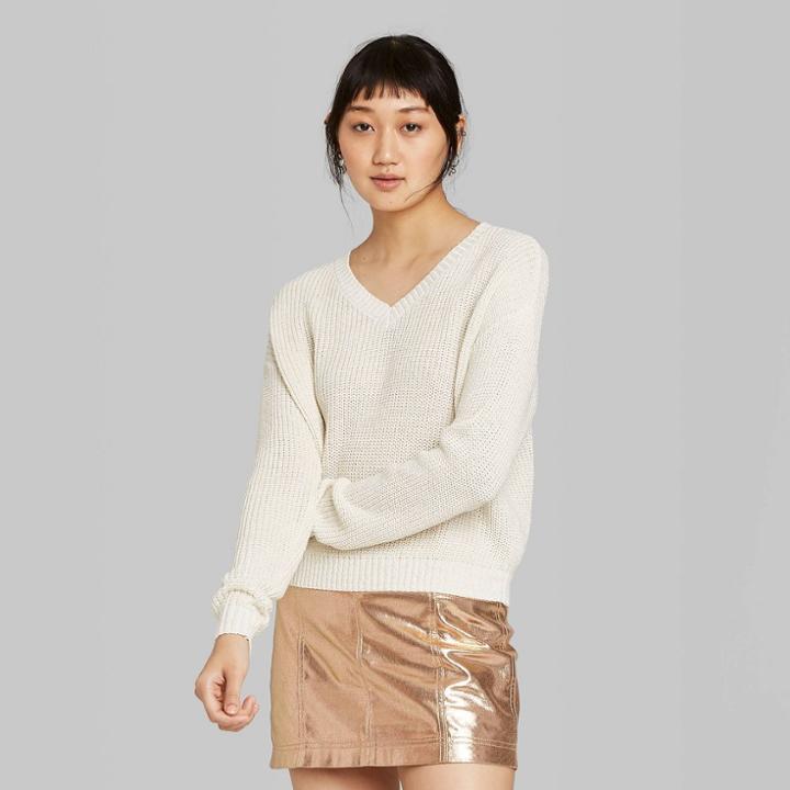 Women's Long Sleeve V-neck Cropped Sweater - Wild Fable Almond Cream/gold S, Women's, Size: