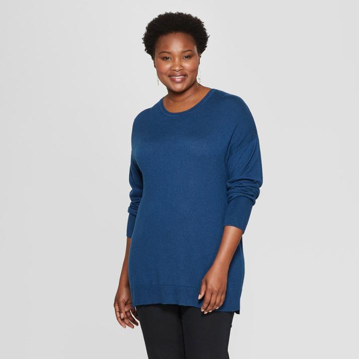 Women's Plus Size Crew Neck Long Sleeve Pullover - Ava & Viv Blue X