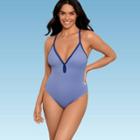 Women's Slimming Control V-neck One Piece Swimsuit - Beach Betty By Miracle Brands Blue