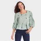 Women's Balloon 3/4 Sleeve Embroidered Peplum Blouse - Universal Thread Light Green Floral