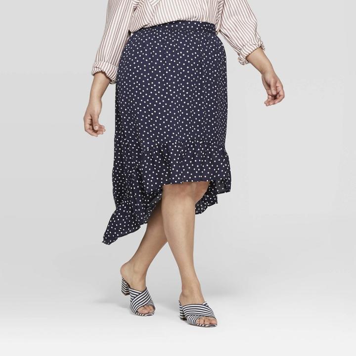 Women's Plus Size Polka Dot High Low Ruffle Skirt - Ava & Viv Navy