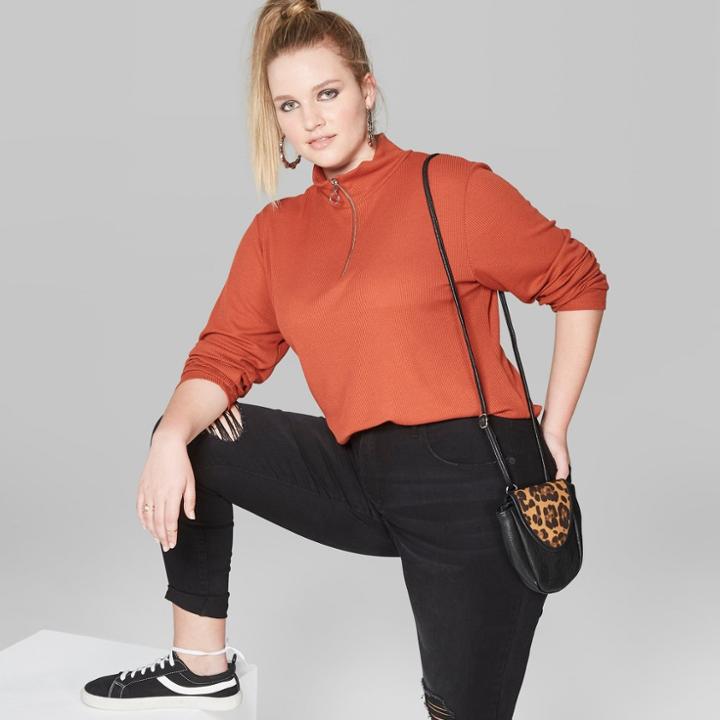 Women's Plus Size Long Sleeve Waffle Quarter Zip - Wild Fable Orange Penny