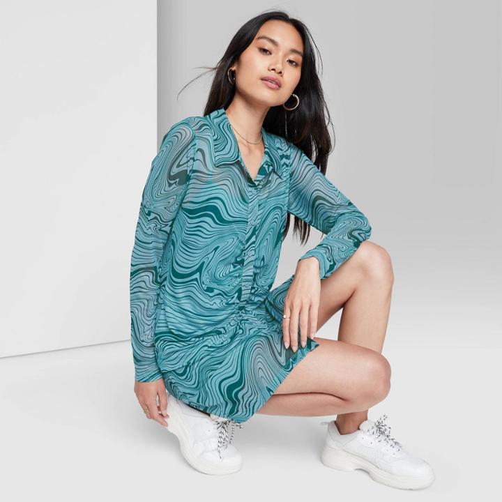 Women's Long Sleeve Button-front Mesh Dress - Wild Fable Blue