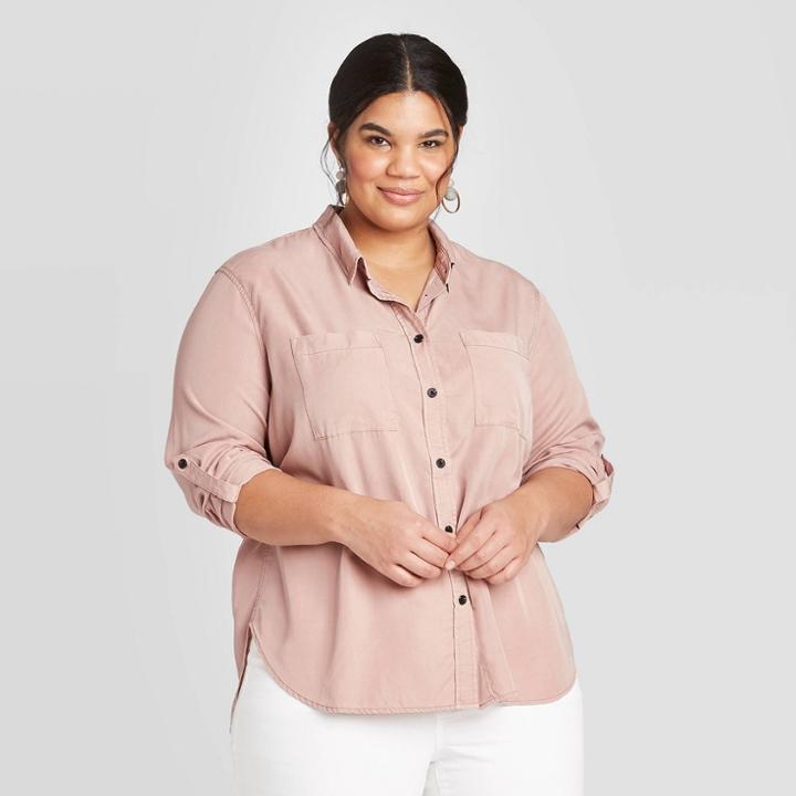 Women's Plus Size Long Sleeve Collared Button-down Shirt - Universal Thread Pink 1x, Women's,