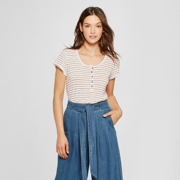 Women's Striped Short Sleeve Henley Shirt - Universal Thread Red/blue