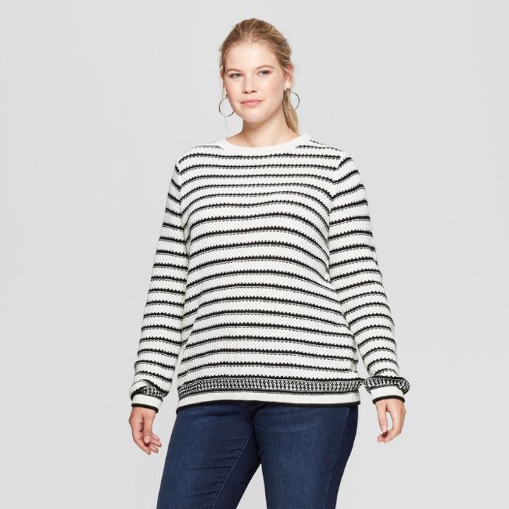 Women's Plus Size Striped Pullover - Ava & Viv Cream/black X