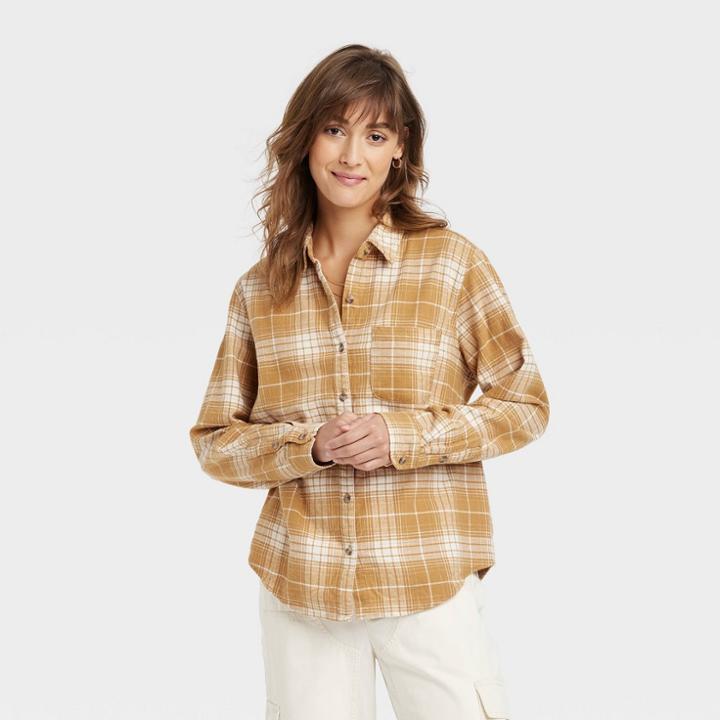 Women's Relaxed Fit Long Sleeve Flannel Button-down Shirt - Universal Thread Yellow Plaid