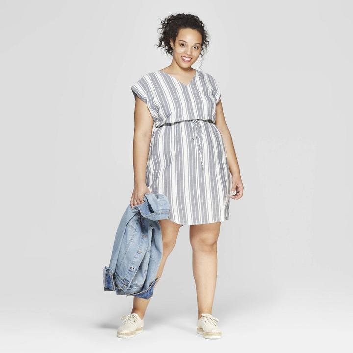 Women's Plus Size Striped Short Sleeve V-neck Dress - Universal Thread Blue