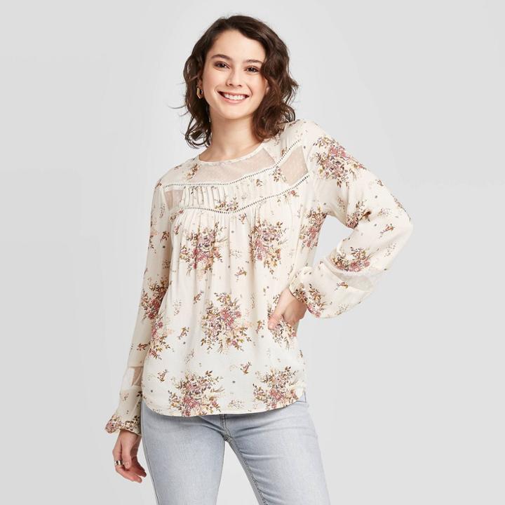 Women's Floral Print Long Sleeve Round Neck Mesh Inserts Top - Xhilaration Ivory Xs, Women's, Beige