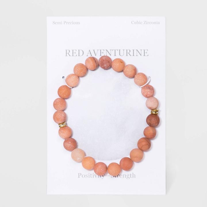 No Brand Semi-precious Red Aventurine Beaded Stretch Bracelet - Red, Gold