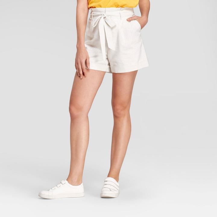 Women's Metallic Tie Waist Shorts - A New Day Cream/silver