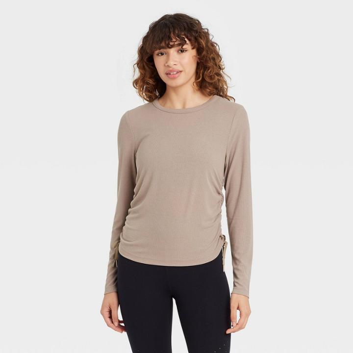 Women's Long Sleeve Ribbed Top With Side-cinch Detail - Joylab Light Taupe Xs,