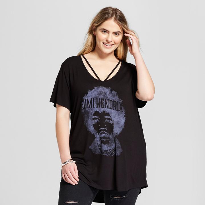 Women's Jimi Hendrix Plus Size Drapey Short Sleeve Clavicle T-shirt (juniors') Black