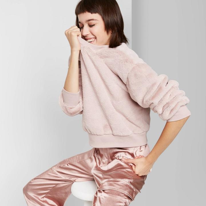 Women's Striped Long Sleeve Crewneck Faux Fur Sweatshirt - Wild Fable Mauve Xs, Women's,