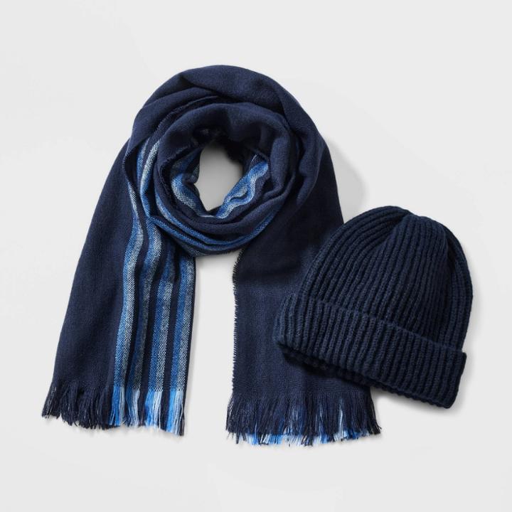 Men's Micro Plaid Knitted Hat And Scarf Set - Goodfellow & Co Navy, Blue