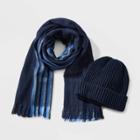 Men's Micro Plaid Knitted Hat And Scarf Set - Goodfellow & Co Navy, Blue