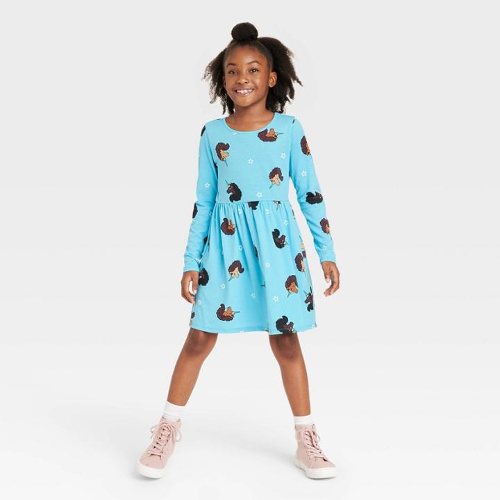 Girls' Afro Unicorn Long Sleeve Skater Dress - Aqua Blue