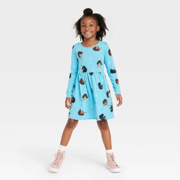 Girls' Afro Unicorn Long Sleeve Skater Dress - Aqua Blue