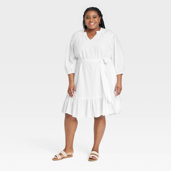 Women's Plus Size 3/4 Sleeve A-line Dress - Knox Rose White