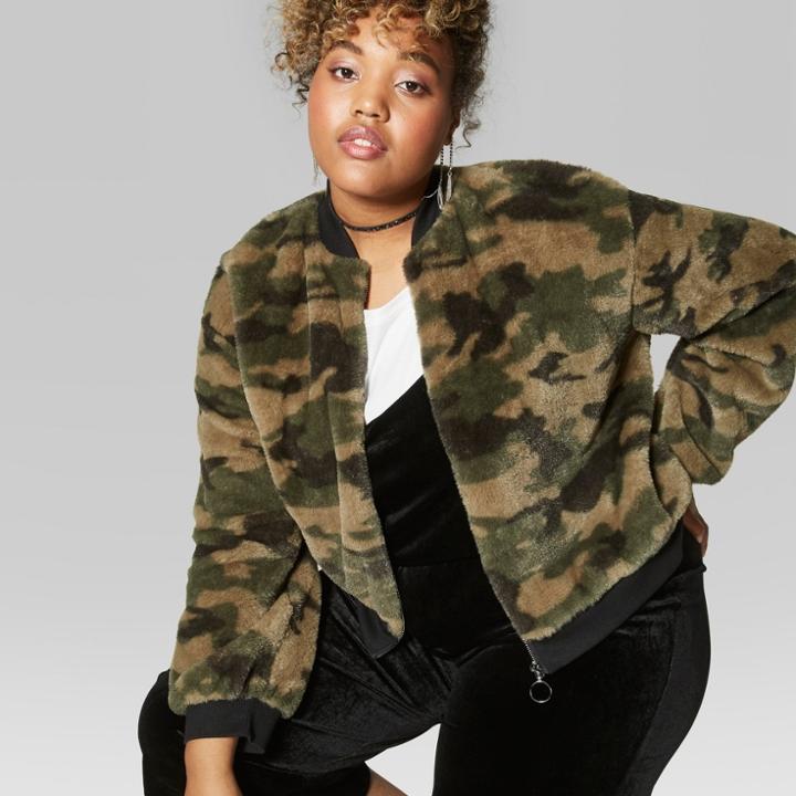 Women's Plus Size Camo Print Full Zip Faux Fur Jacket - Wild Fable Green