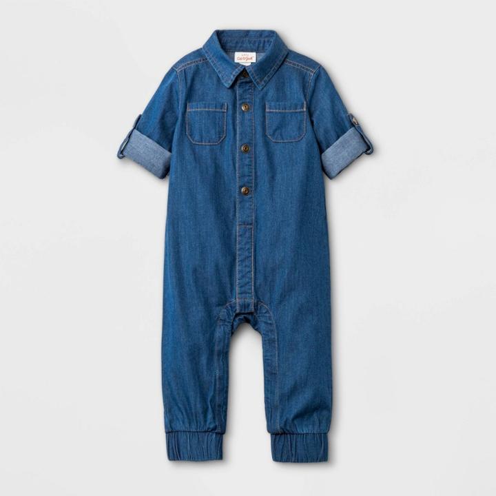 Baby Denim Elevated Romper - Cat & Jack Medium Wash Newborn, Blue