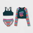 Girls' Mermaid Make Wave Print Cropped Long Sleeve 3pc Bikini Set - Cat & Jack Dark Blue