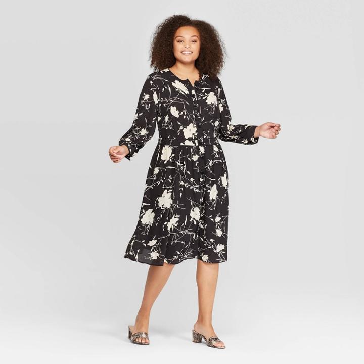 Women's Plus Size Floral Print Long Sleeve Scoop Neck Midi Dress - Who What Wear Black/white 1x, Women's,