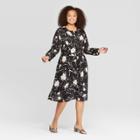 Women's Plus Size Floral Print Long Sleeve Scoop Neck Midi Dress - Who What Wear Black/white 1x, Women's,
