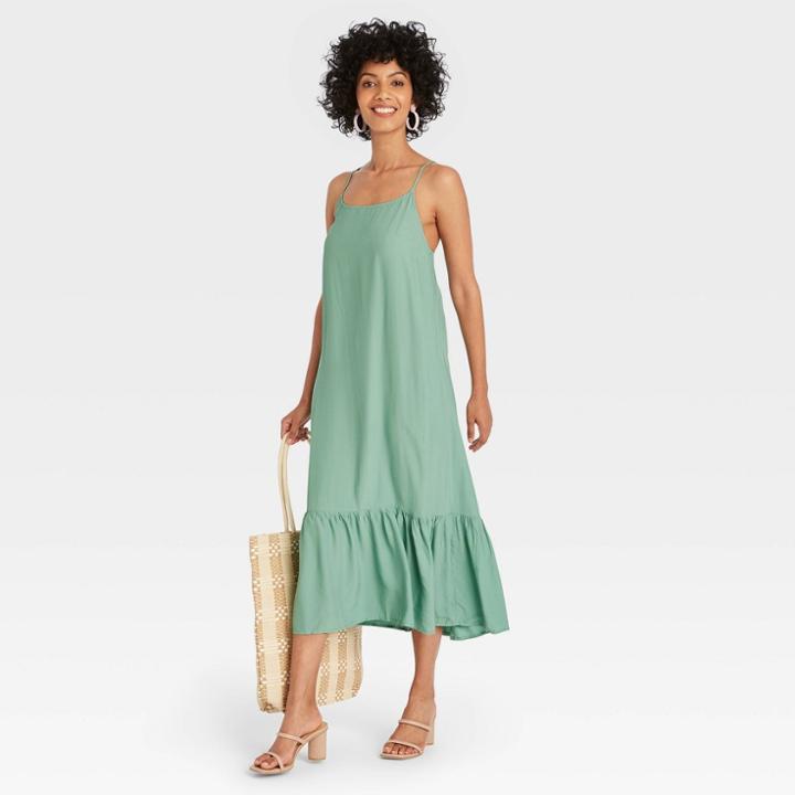 Women's Sleeveless Ruffle Hem Dress - A New Day Green