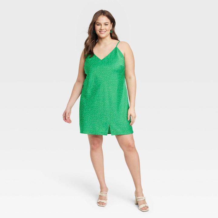 Women's V-neck Slip Dress - A New Day Green Polka Dots