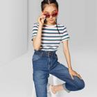 Petitewomen's Striped Short Sleeve Crewneck Relaxed Fit T-shirt - Wild Fable Ivory/ Teal