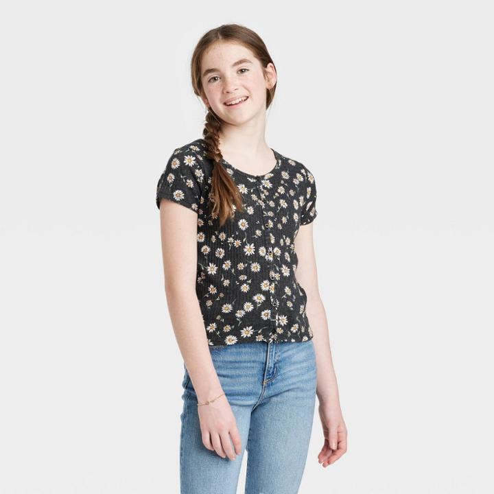 Girls' Button-front T-shirt - Art Class Black Floral