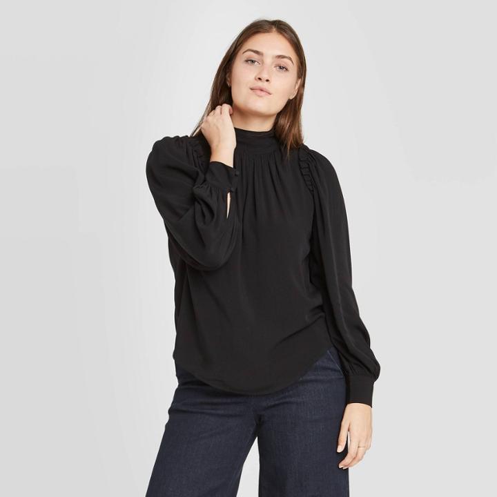 Women's Ruffle Long Sleeve Blouse - A New Day Black