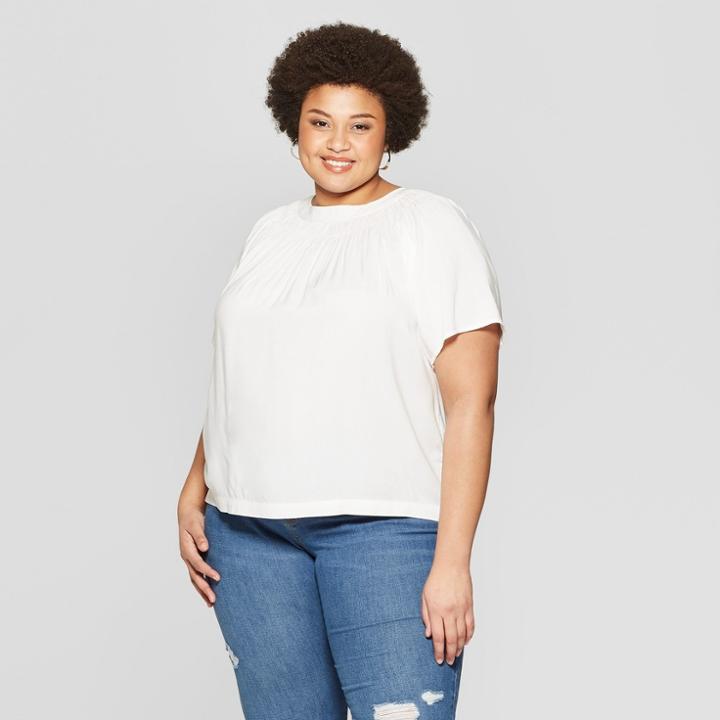 Women's Plus Size Short Sleeve Scoop Neck Smocked Woven Top - Ava & Viv White