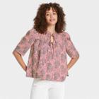 Women's Puff Short Sleeve Tie Neck Blouse - Universal Thread Pink Paisley