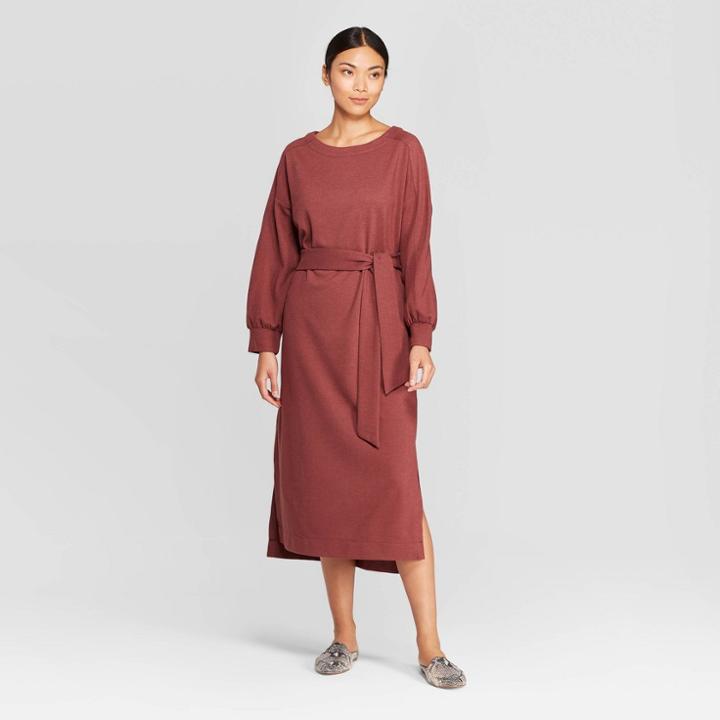 Women's Casual Fit Long Sleeve Boat Neck Midi Shift Dress - Prologue Red Xl, Women's,
